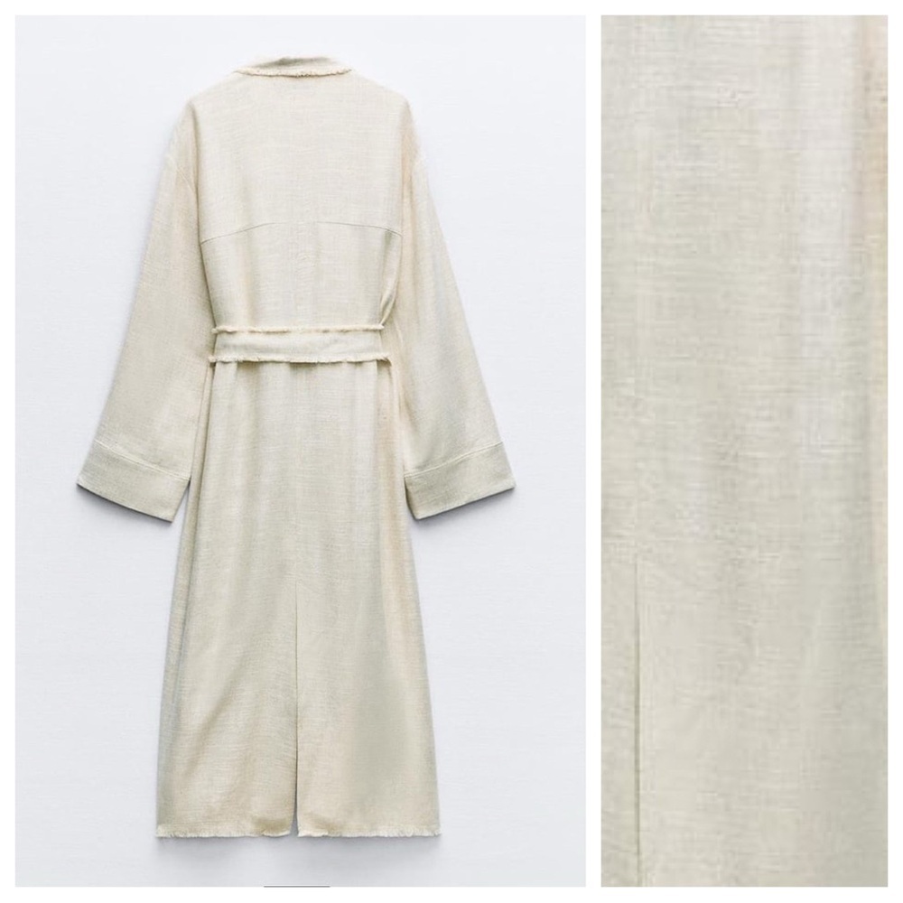NWT. Zara Cream Viscose/Linen Blend Frayed Rustic Trench. Size M-L. - Picture 5 of 10